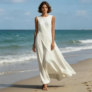 Women Pleated White A-Line Dress 2026 New Sleeveless Solid Color Split-Joint Round-Neck Elegant Evening Maxi Dresses ﻿