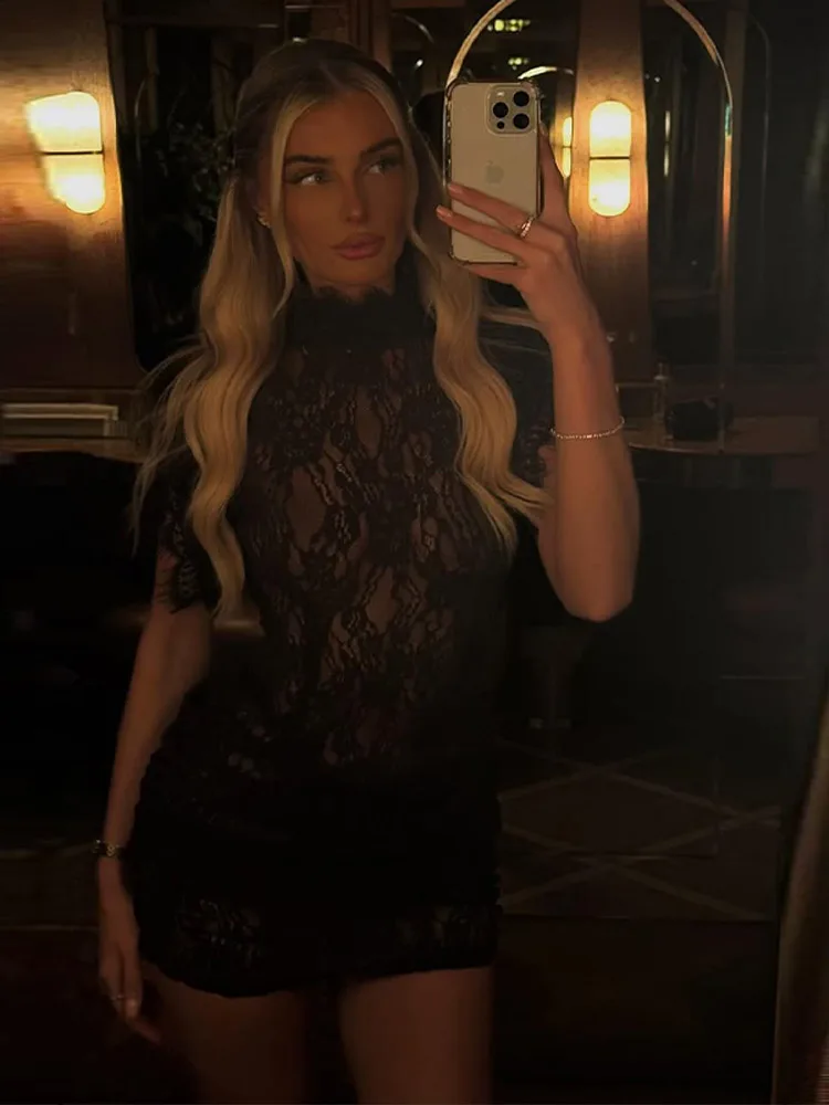 Sexy Lace See Through Party Dress Women Slim Fly Sleeve O-neck Evening Solid Dresses Female 2026 Patchwork Pleated Robe Lady - Image 5