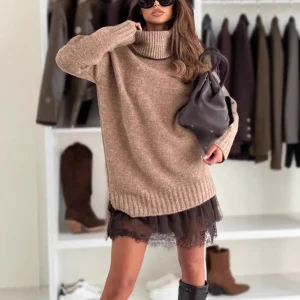 New Women's Dress 2-piece Knitted Sweater Turtleneck Lace Loose Fashionable Drop Shoulder Long Sleeve Female's Mini Skirt