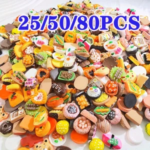 25/50/80Pcs Mini Food Toys Pretend Play Miniature Food for Dollhouse Kitchen Game Party Accessories Mini Play Resin Food Toys