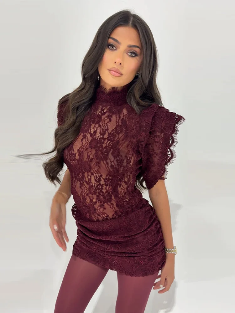 Sexy Lace See Through Party Dress Women Slim Fly Sleeve O-neck Evening Solid Dresses Female 2026 Patchwork Pleated Robe Lady - Image 3