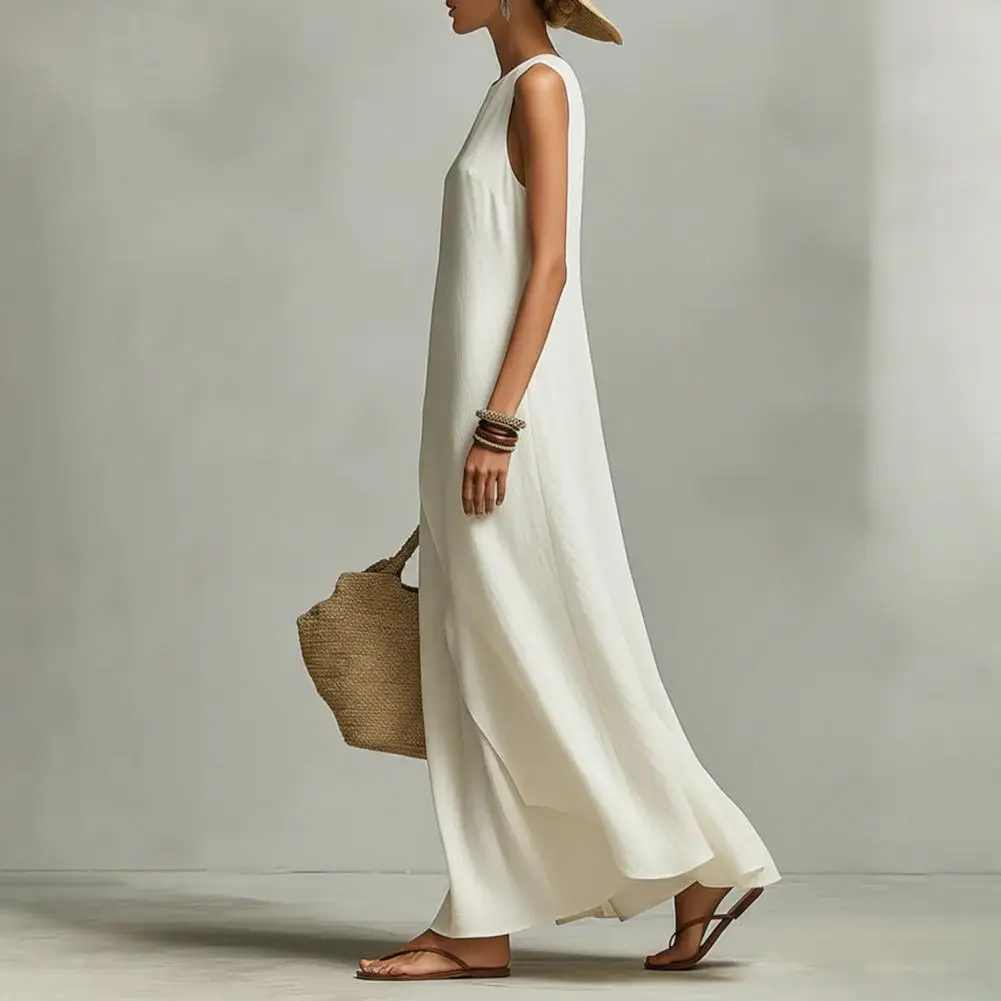 Women Pleated White A-Line Dress 2026 New Sleeveless Solid Color Split-Joint Round-Neck Elegant Evening Maxi Dresses - Image 3