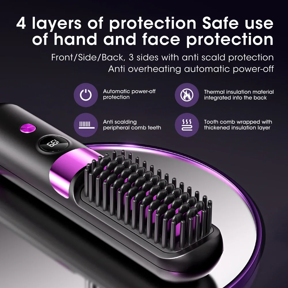 Portable Hair Straightener Brush 4 Temp Setting Cordless Straightening Comb LED Display Ceramic Coating Ionic Technology USB - Image 5