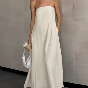 Women's Solid Color Strapless Sleeveless Pocket Dress with Personalized Design Sense, Simple Dress for Summer 2025