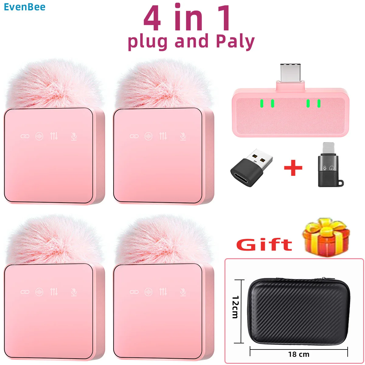 Pink 1 In 4 Wireless Lavalier Microphone Noise Reduction With Windproof Cap Mute Recording Function Portable Audio Video Live - Image 2