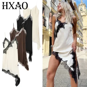 HXAO Womens Dresses Sexy Lace Slip Dress Asymmetric Black Brown Dress Sleeveless Backless Vestidos Chic Elegant Vacation Dresses