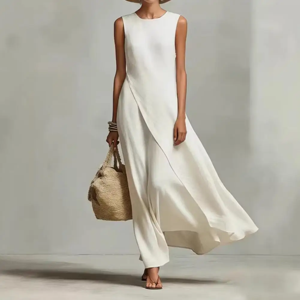 Women Pleated White A-Line Dress 2026 New Sleeveless Solid Color Split-Joint Round-Neck Elegant Evening Maxi Dresses - Image 2
