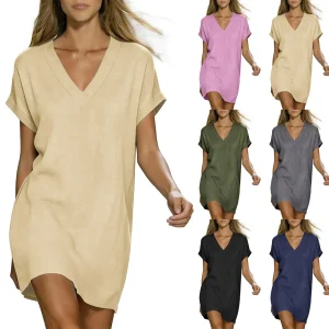 Summer Dresses Women Trendy Cotton Linen Short Sleeve Casual V Neck Dresses Loose T Shirt Dress Cocktail Dresses For Women