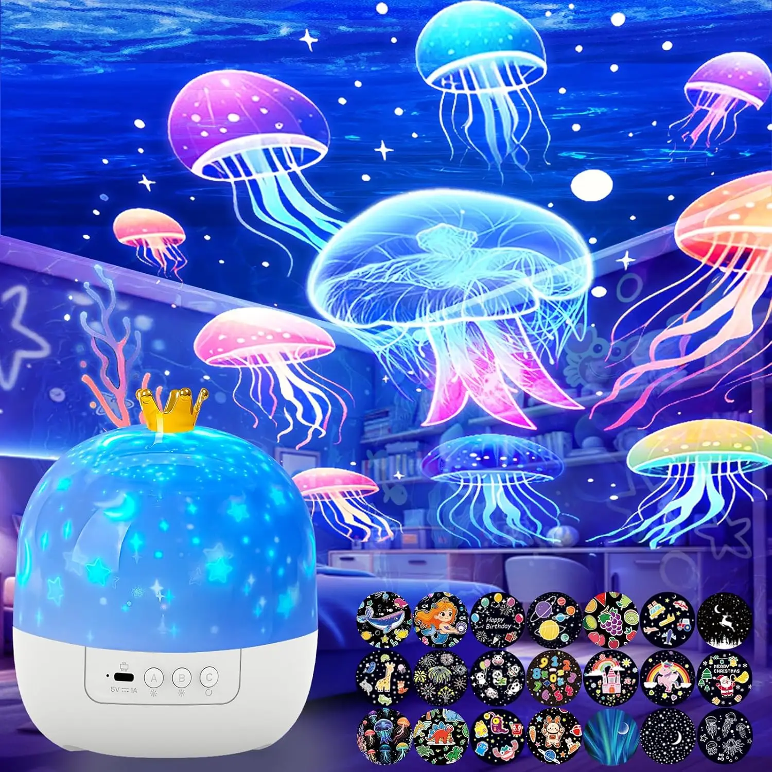 Ocean Night Light Projector,Stars Projector for Ceiling, 360 Degree Rotation Jellyfish Kids Decor Night Light for Birthday Gifts