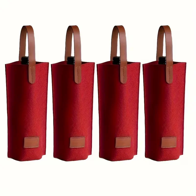 4 pieces of felt wine handbags, portable wine gift bags, grey simple champagne storage bags, single bottle support bags - Image 4