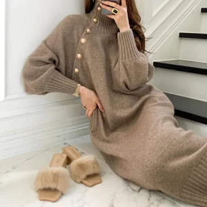 Vintage Button Belt Loose Long Sweater Dress Autumn Winter Women Turtleneck Tunic Party Knitted Vestidos PYMY-MY707
