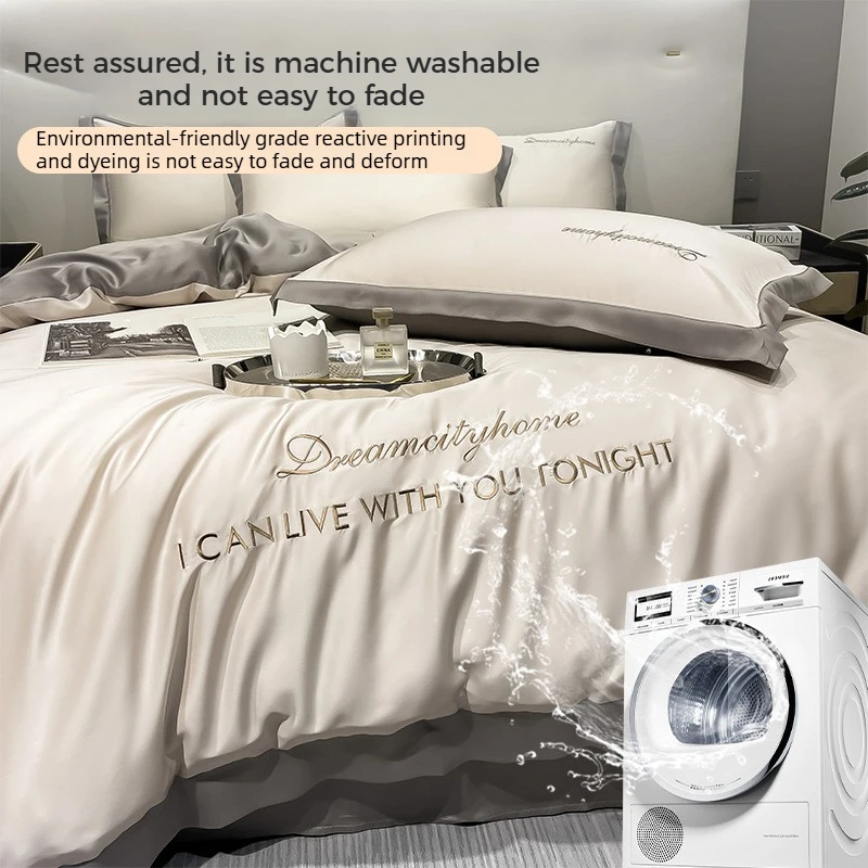 Luxury Letter Embroidered Bedding Set Summer Breathable Silky Satin Duvet Cover Solid Color Queen King Comforter Cover Bed Linen - Image 4