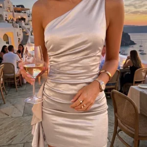 Womens Sexy Shoulderless Sloping Collar Pleated Camisole Short Dress Nightclub Party Backless Ribbon Irregular Evening Dress