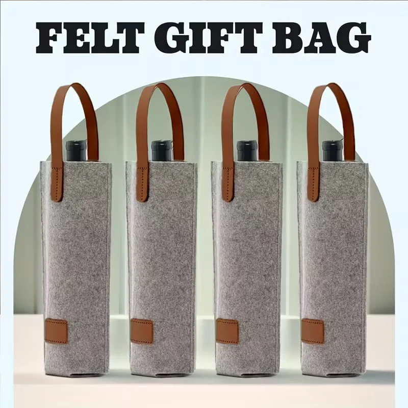 4 pieces of felt wine handbags, portable wine gift bags, grey simple champagne storage bags, single bottle support bags