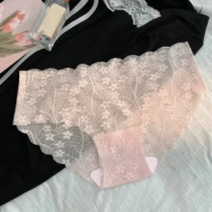 Fashion Seamless Lace Flower Panties Transparent Soft Underwear for Women Mid Waist Thin Mesh Lace Briefs Lady