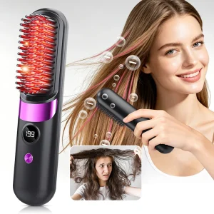 Portable Hair Straightener Brush 4 Temp Setting Cordless Straightening Comb LED Display Ceramic Coating Ionic Technology USB