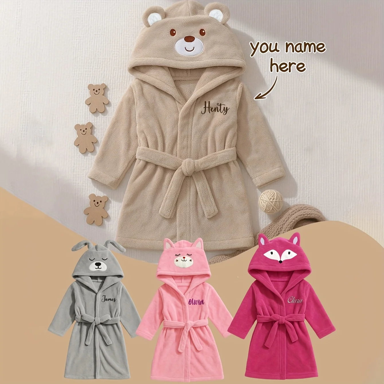Custom Name Embroidered Bear Hooded Baby Towel | Soft Plush 74-84cm for 12-24M | Christmas Birthday Winter Gift