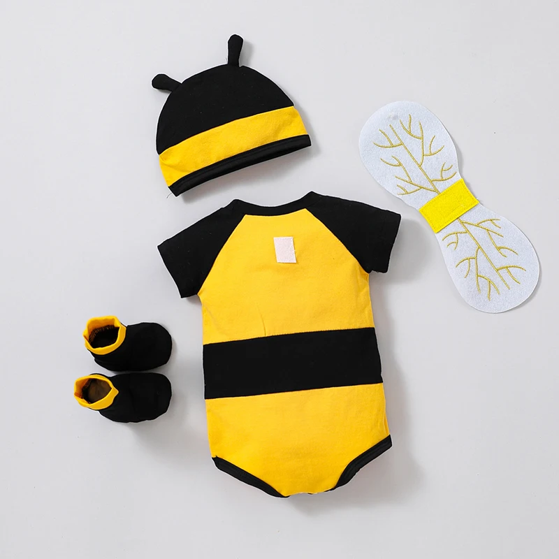 Newborn Infant Baby Bee Costume, Short Sleeve Honeybee Romper + Hat + Wings + Socks Set 0-12M - Image 2